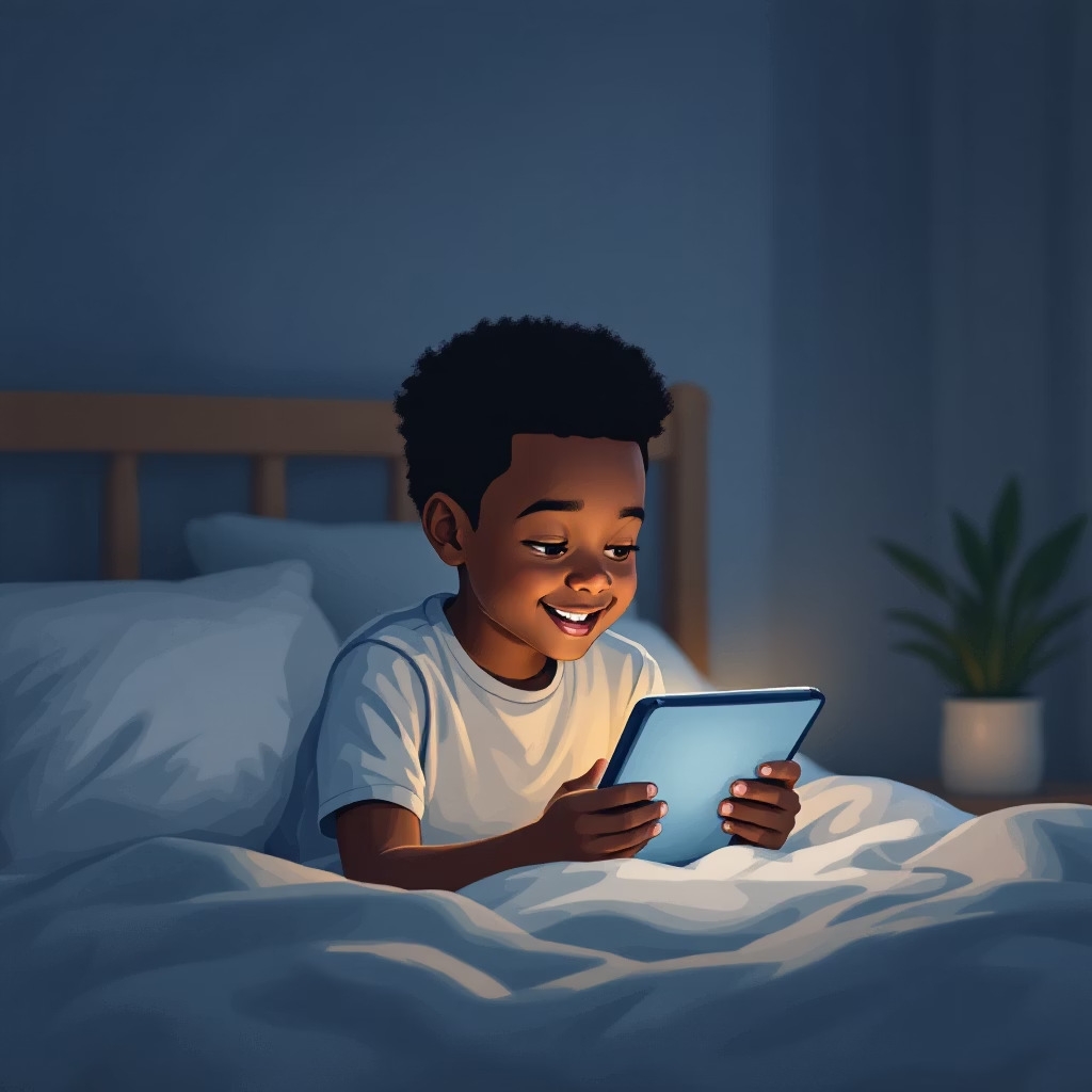 A happy child reading SammyStories on a tablet in a cozy setting