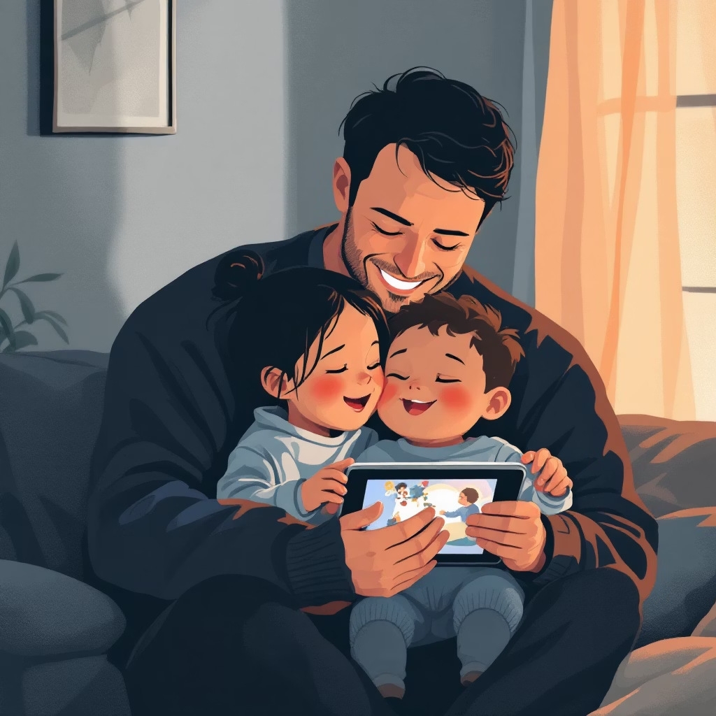 A parent and child peacefully reading together on a tablet