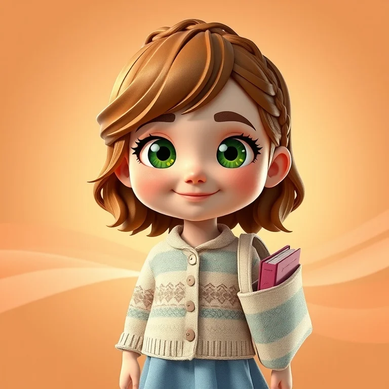 Mara, a friendly 7-year-old girl with wavy sandy-brown hair, braided crown headband, green eyes, and a cream Nordic-pattern cardigan